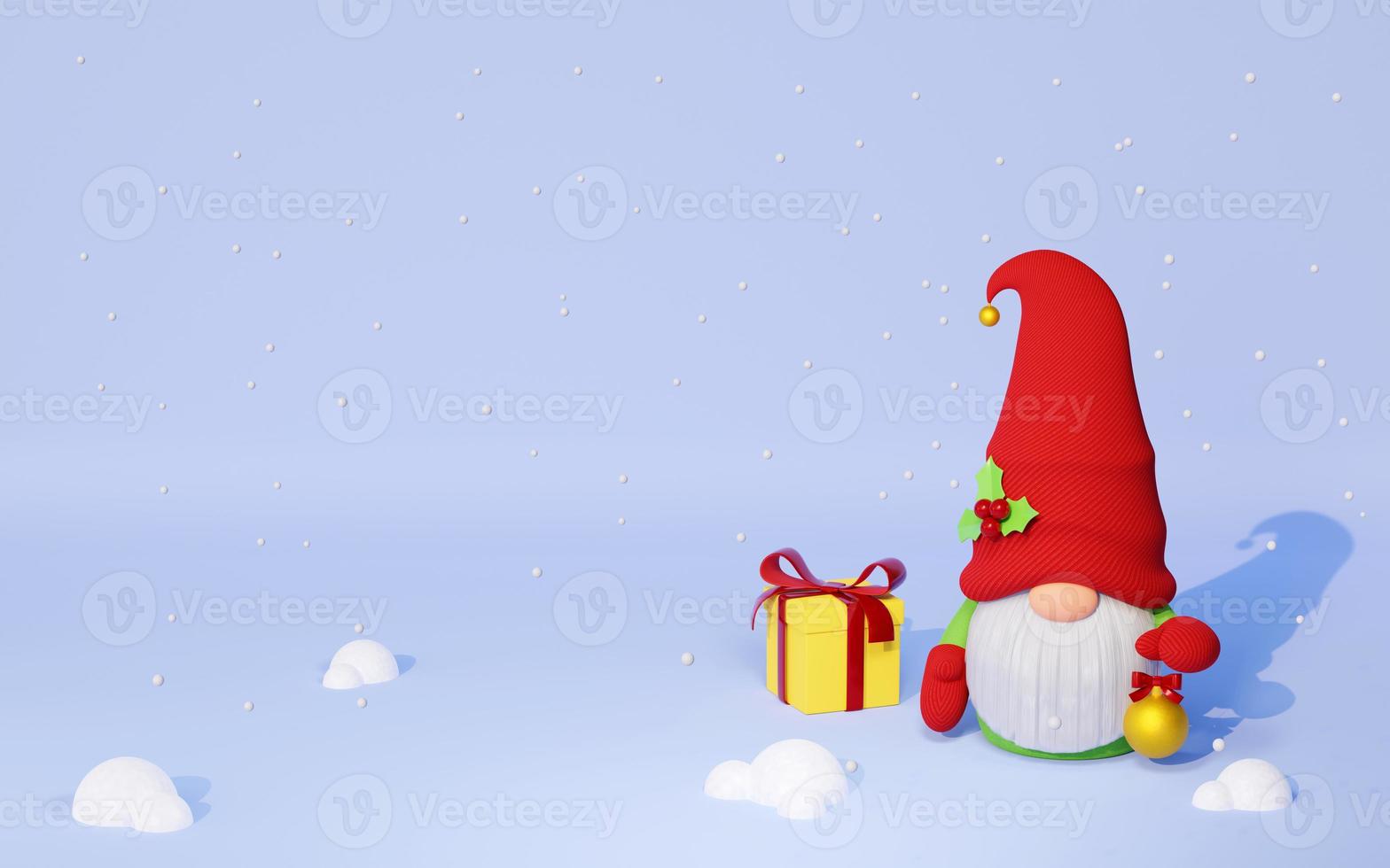 Christmas Scandinavian gnome in red hat with gift box and Christmas tree toy 3D render illustration. photo