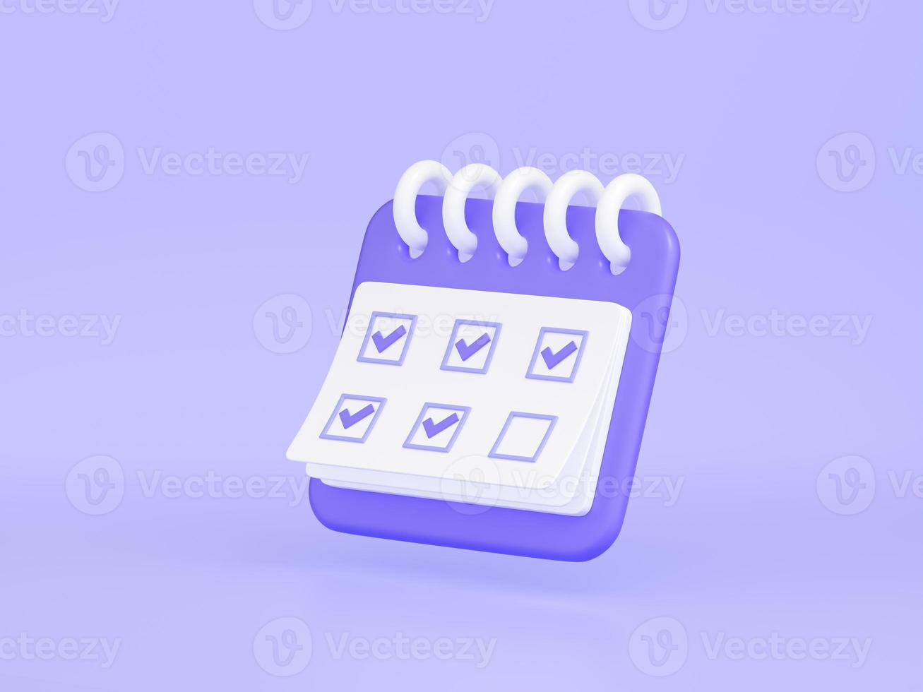 Calendar with marked date 3d render illustration. Purple floating organizer with rings, check points noted with mark day photo