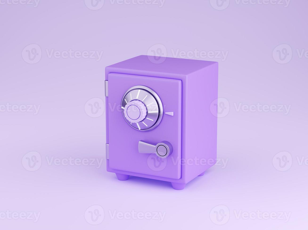 Safe box 3d render - illustration of closed cartoon purple strongbox with combination lock. photo