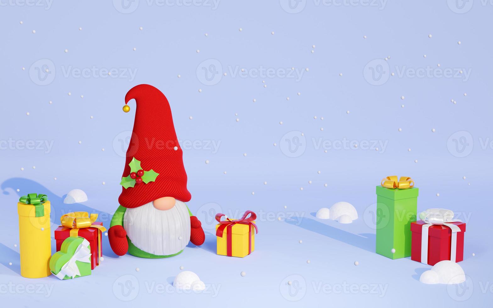 Christmas Scandinavian gnome in red hat with pile of gift boxes 3D render illustration. photo
