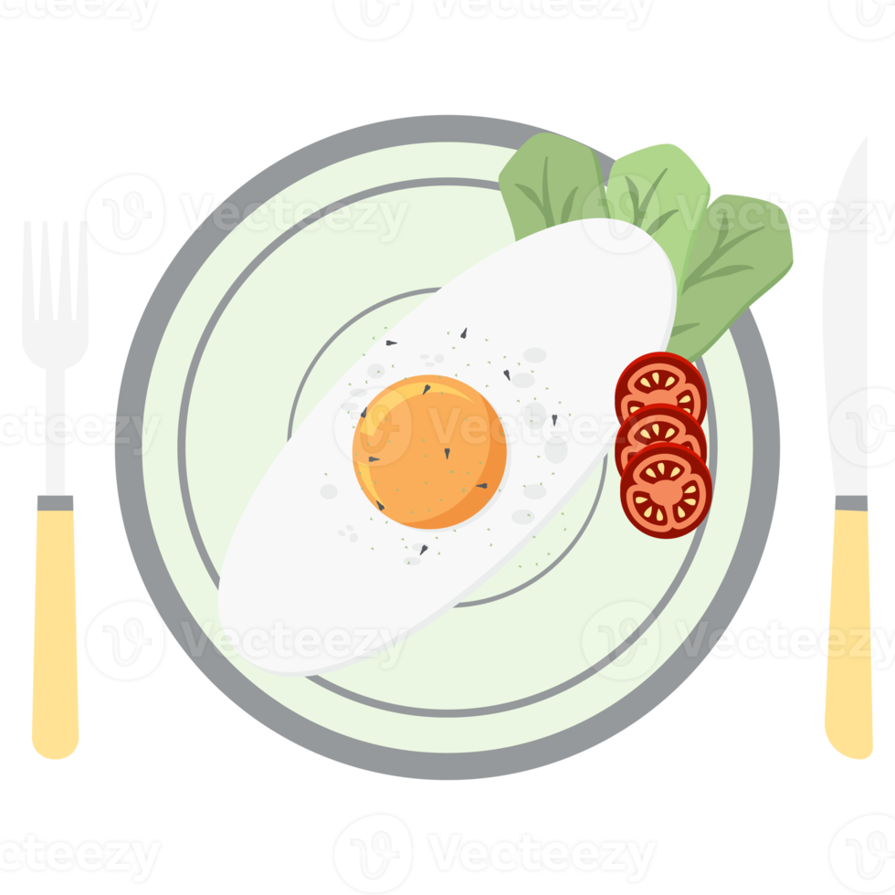 friterad ägg äggula fritera tjänande mat sallad tomat på en tallrik gaffel kniv png