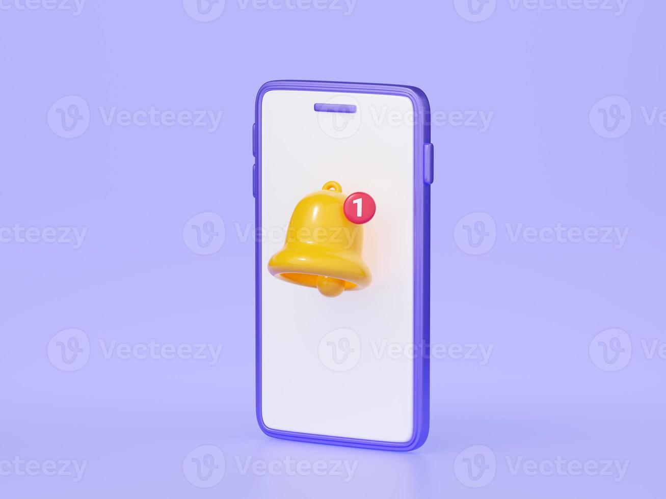 Notification bell on mobile phone screen 3d render. photo