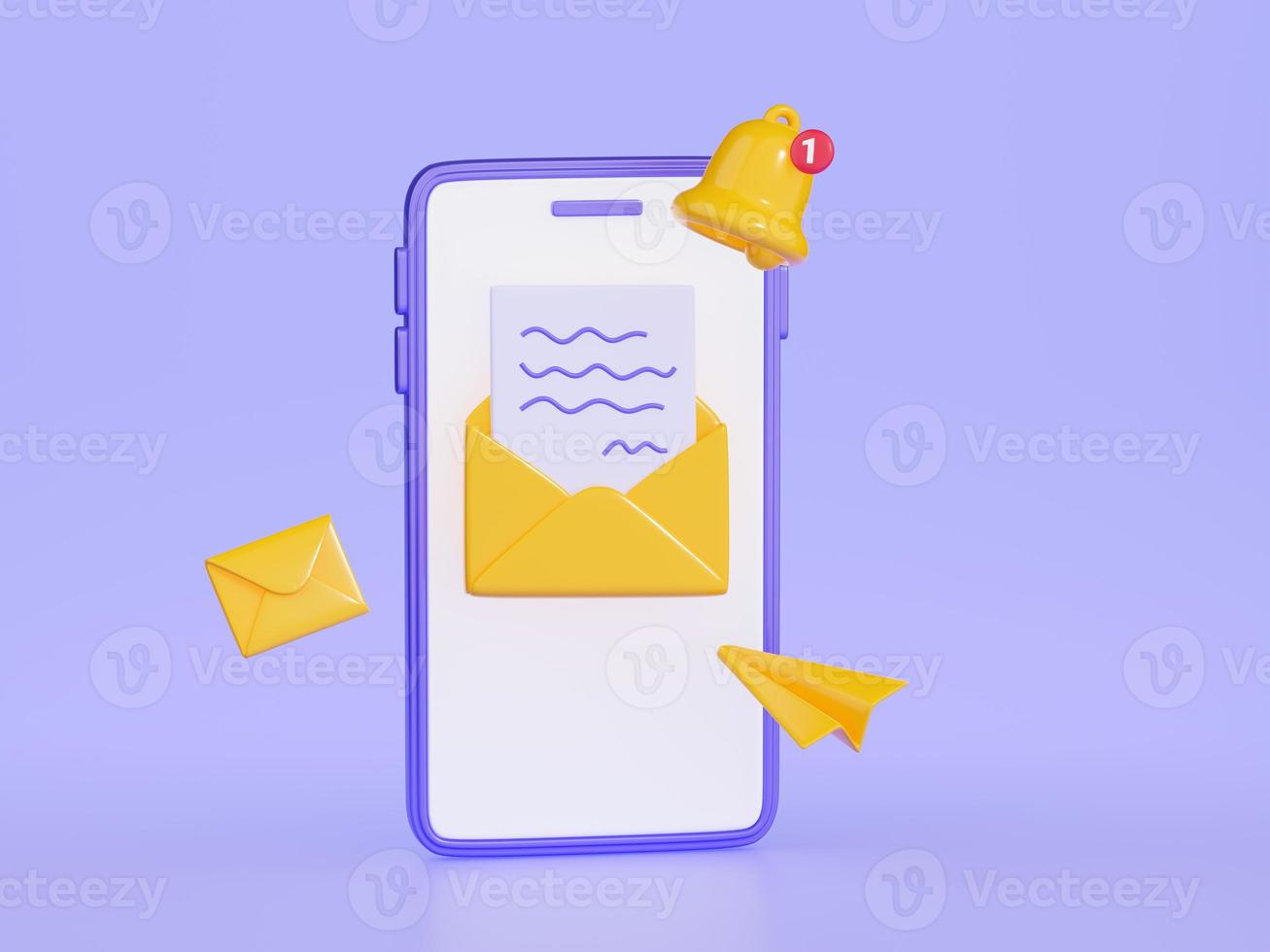 Notification newsletter 3d render illustration - mobile phone with yellow envelope and bell on screen. photo