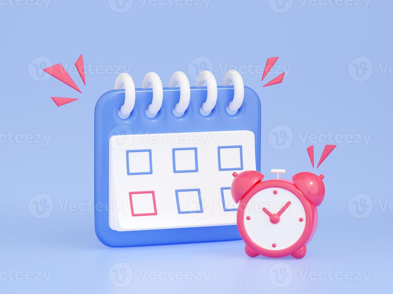 Calendar with clock 3d render - purple organizer with rings and week lined up standing near red watch. photo