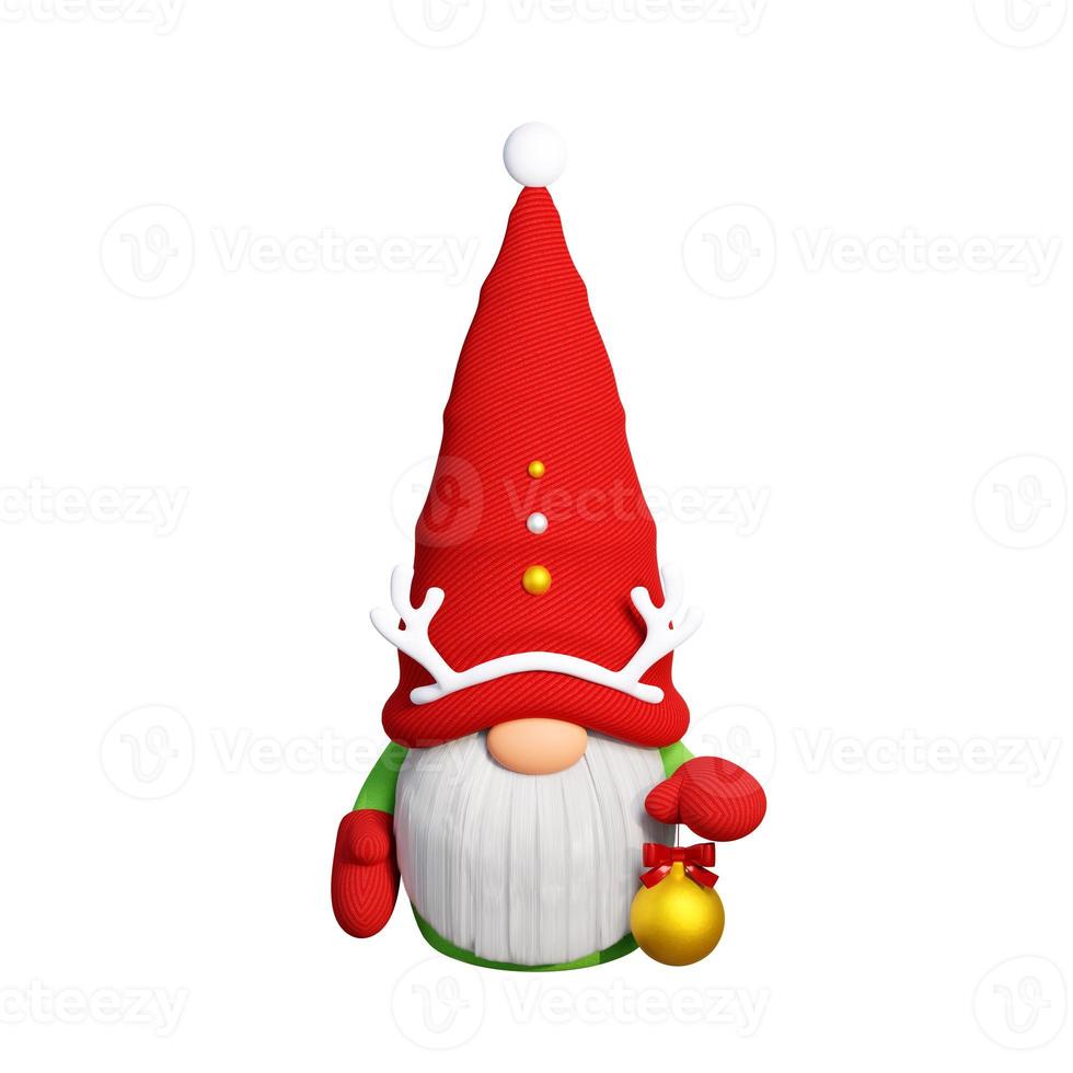 Christmas Scandinavian gnome with long white beard in red hat decorated with antlers 3D render illustration. photo
