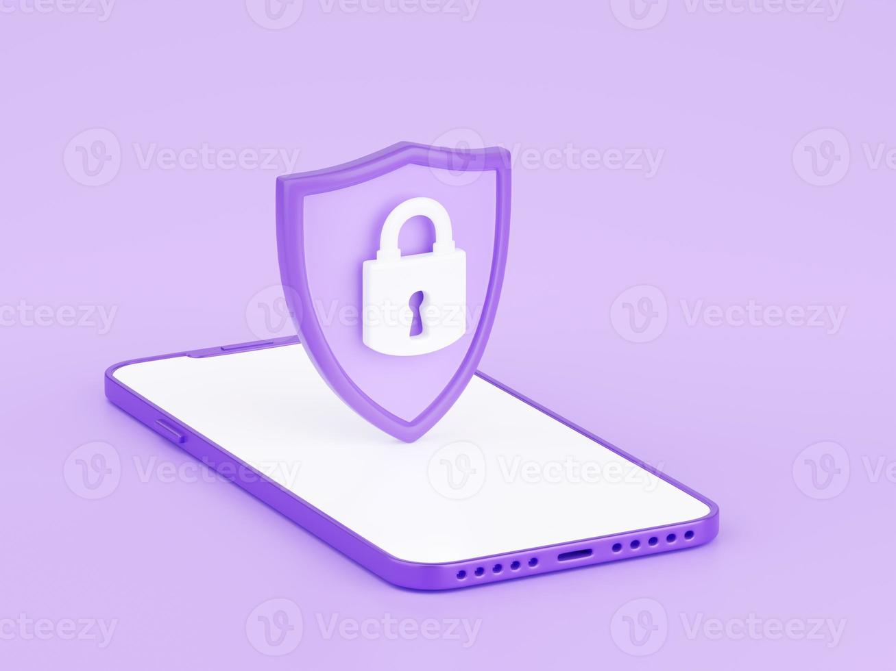 Shield with padlock sign on mobile phone screen 3d render - security of private information from theft concept. photo