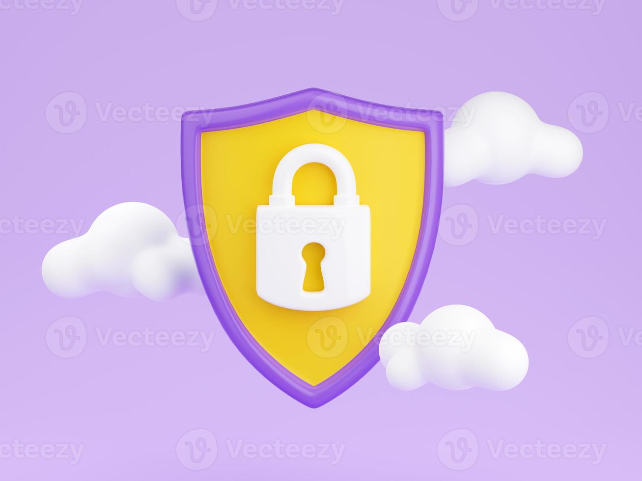 Shield with padlock 3d render - security and safety concept with closed lock on shield surrounded with clouds. photo