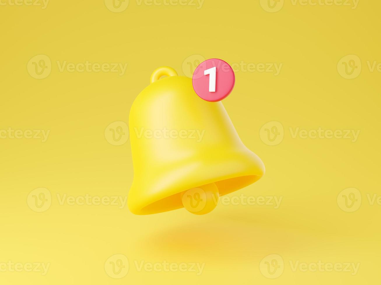 Notification bell icon 3d render - cute cartoon illustration of simple yellow bell with number one. photo