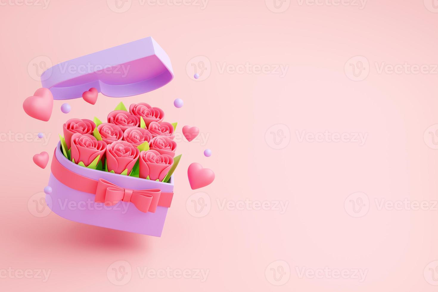 Flower bouquet in heart shaped box with bow - 3d render illustration of floral composition for Valentine day banner. photo