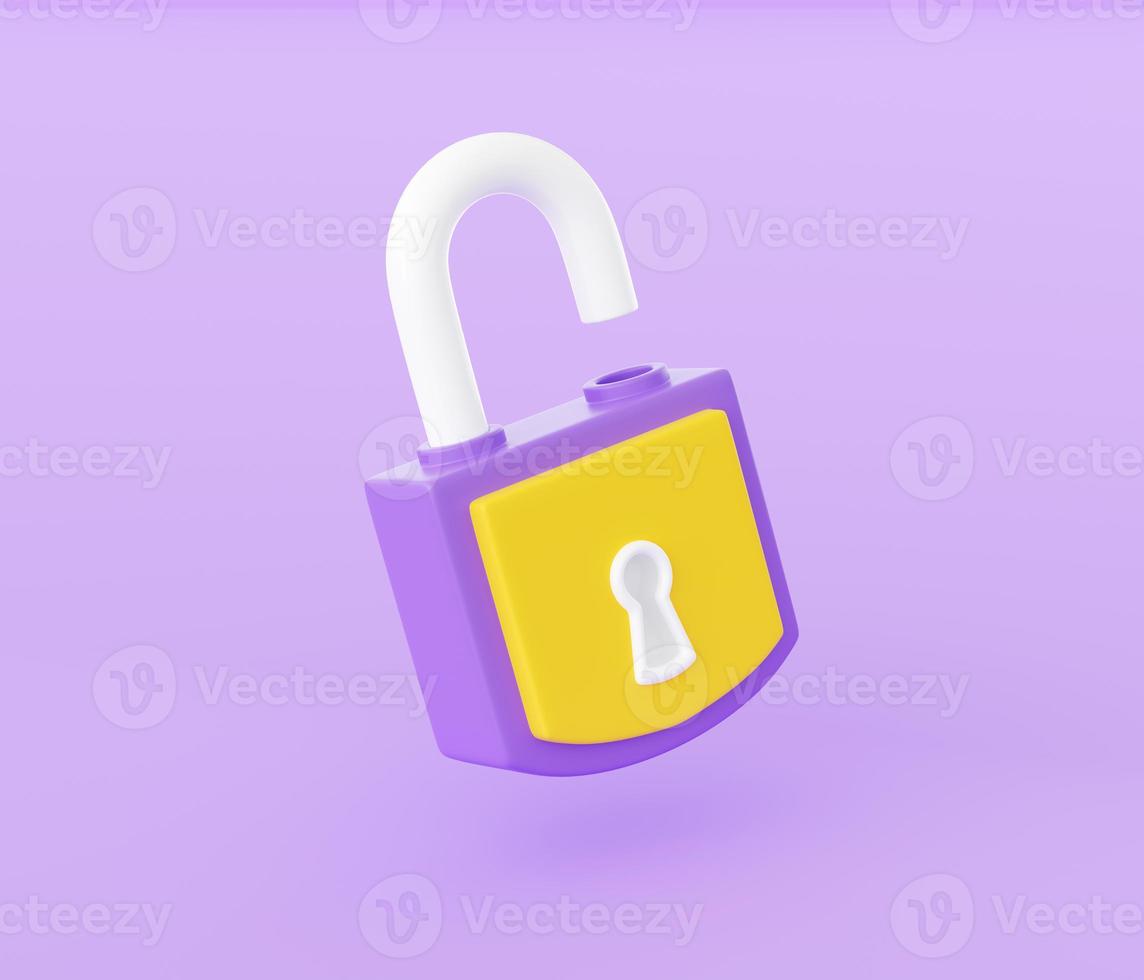 Open padlock 3d render illustration. Lock with keyhole for private data safety and protection concept. photo