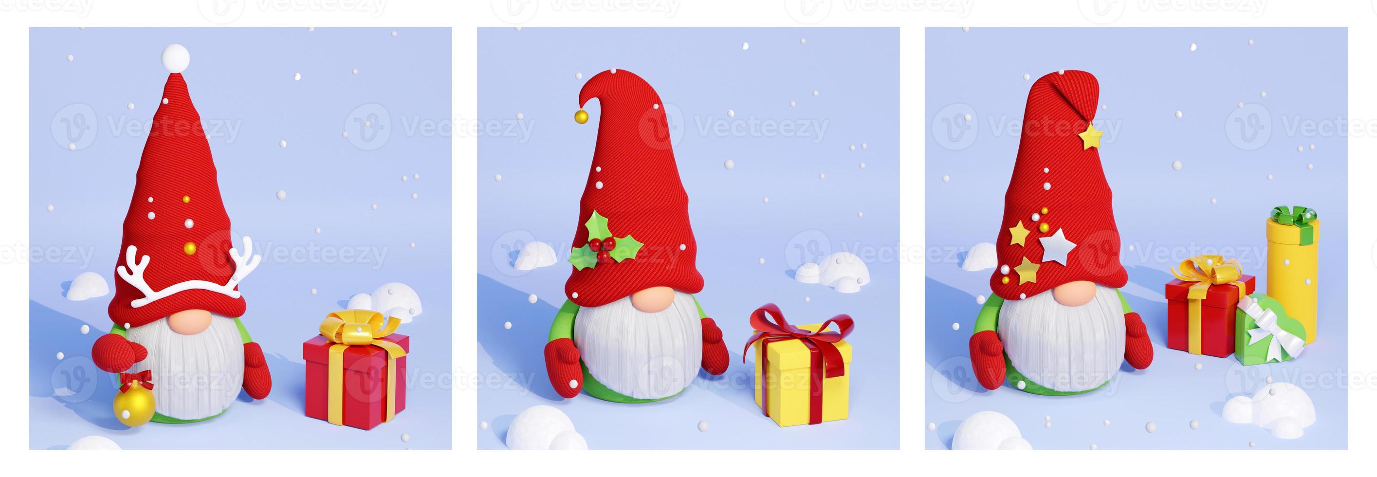 Christmas Scandinavian gnome with beard and red decorated hat 3D render vertical banner set. photo