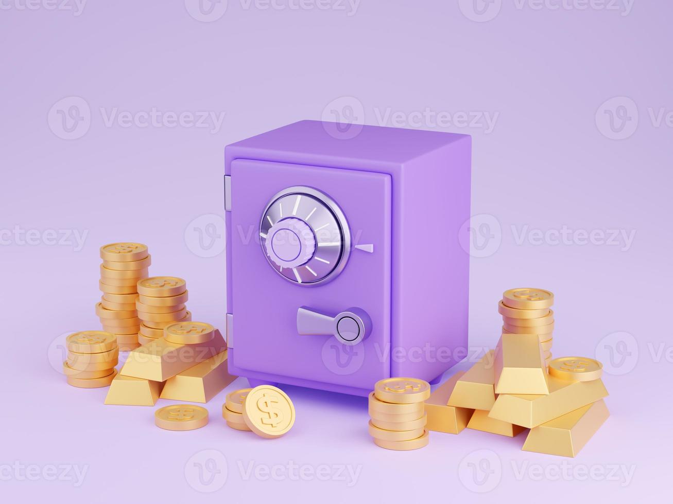 Safe box with money 3d render - illustration of closed purple strongbox surrounded by pile of gold coins and ingots. photo