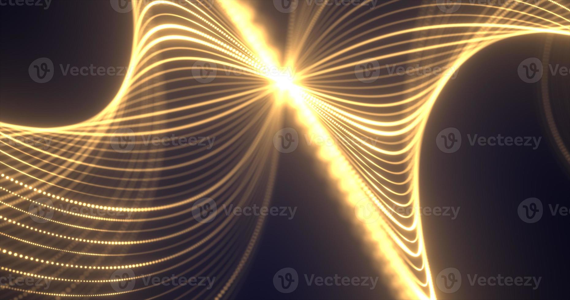 Abstract yellow waves from lines and dots particles of glowing swirling futuristic hi-tech with blur effect on dark background. Abstract background photo