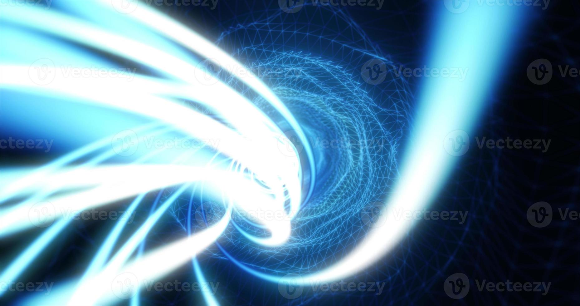 Abstract blue futuristic tunnel from a grid of particles lines glowing bright shiny neon digital magical energy on a dark background. Abstract background photo