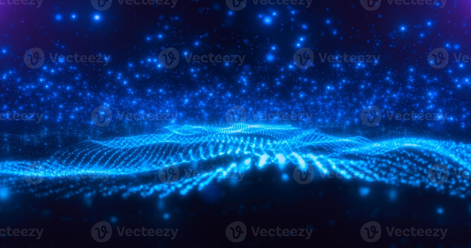 Abstract blue waves lines from particles and dots of energetic magic with glow effect and blur bokeh abstract background photo