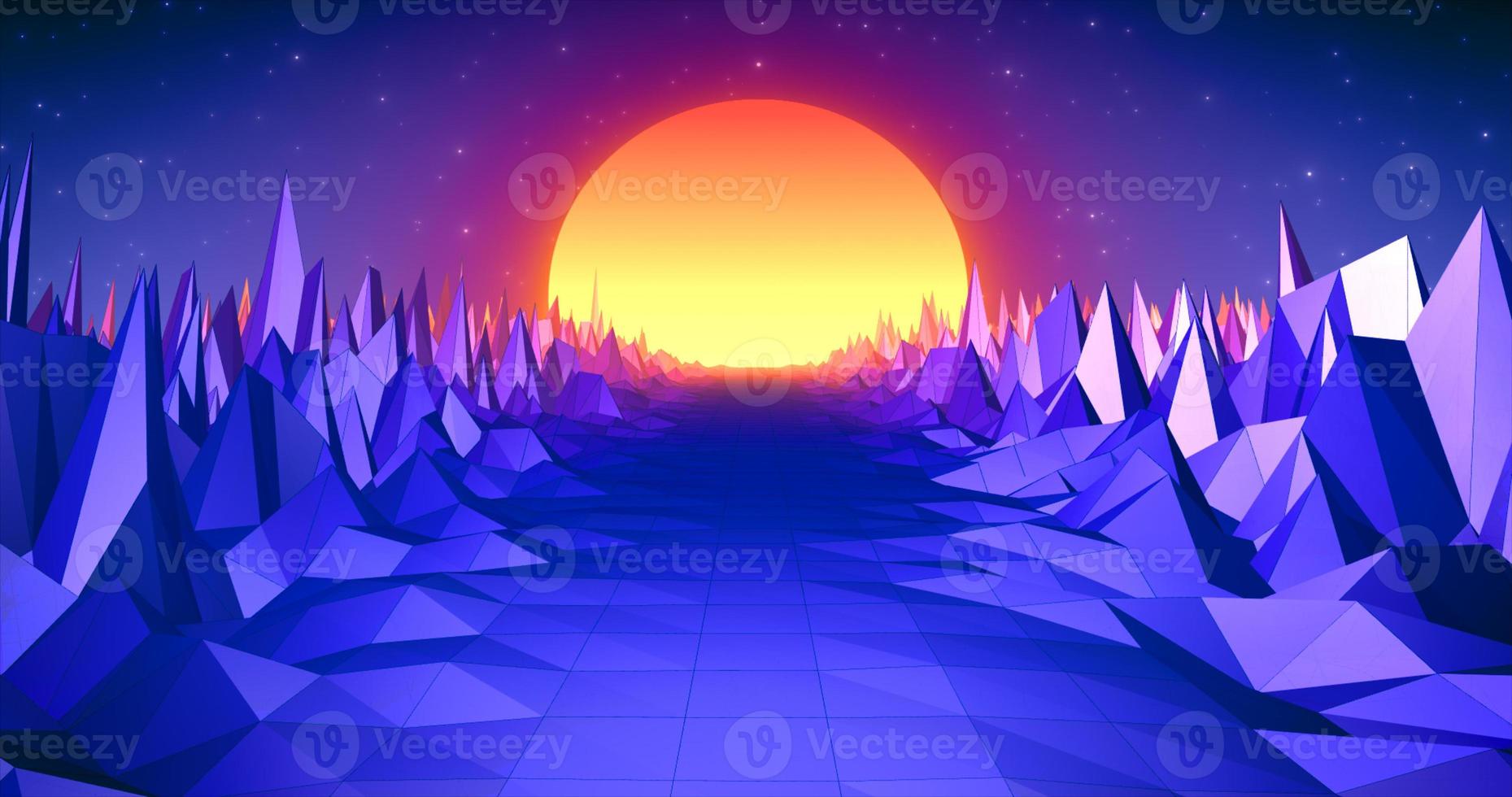 Abstract retro landscape in old style of 80s, 90s with road rocks mountains and sun, abstract background photo