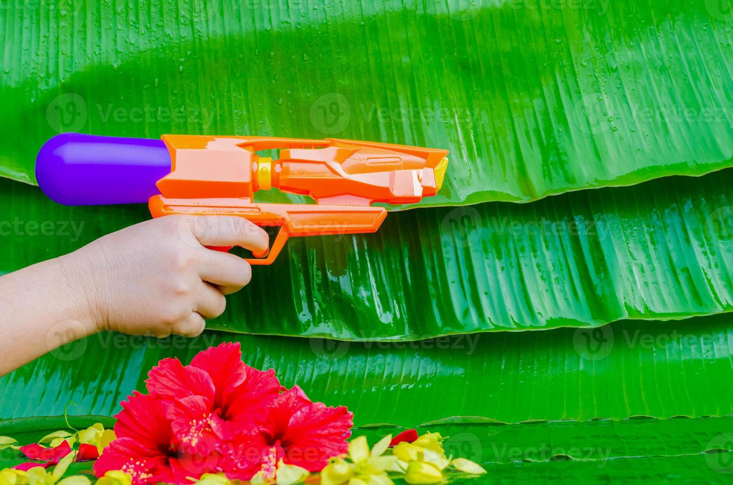 Hand holding water gun with colorful flowers on wet banana leaves background for Thailand Songkran festival. photo