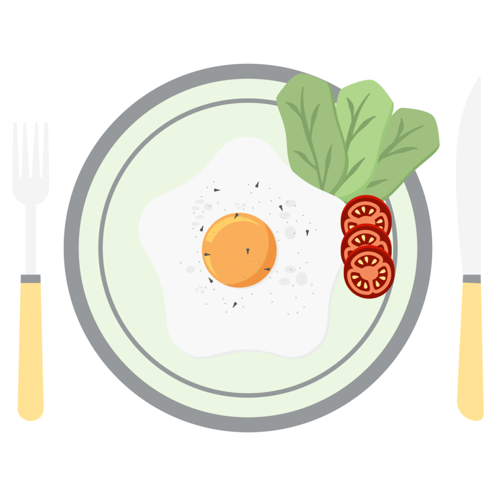 Fried Egg Yolk Fry Serving Food Lettuce Tomato on a Plate Fork Knife png