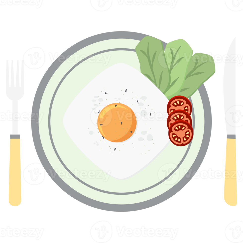 Fried Egg Yolk Fry Serving Food Lettuce Tomato on a Plate Fork Knife png