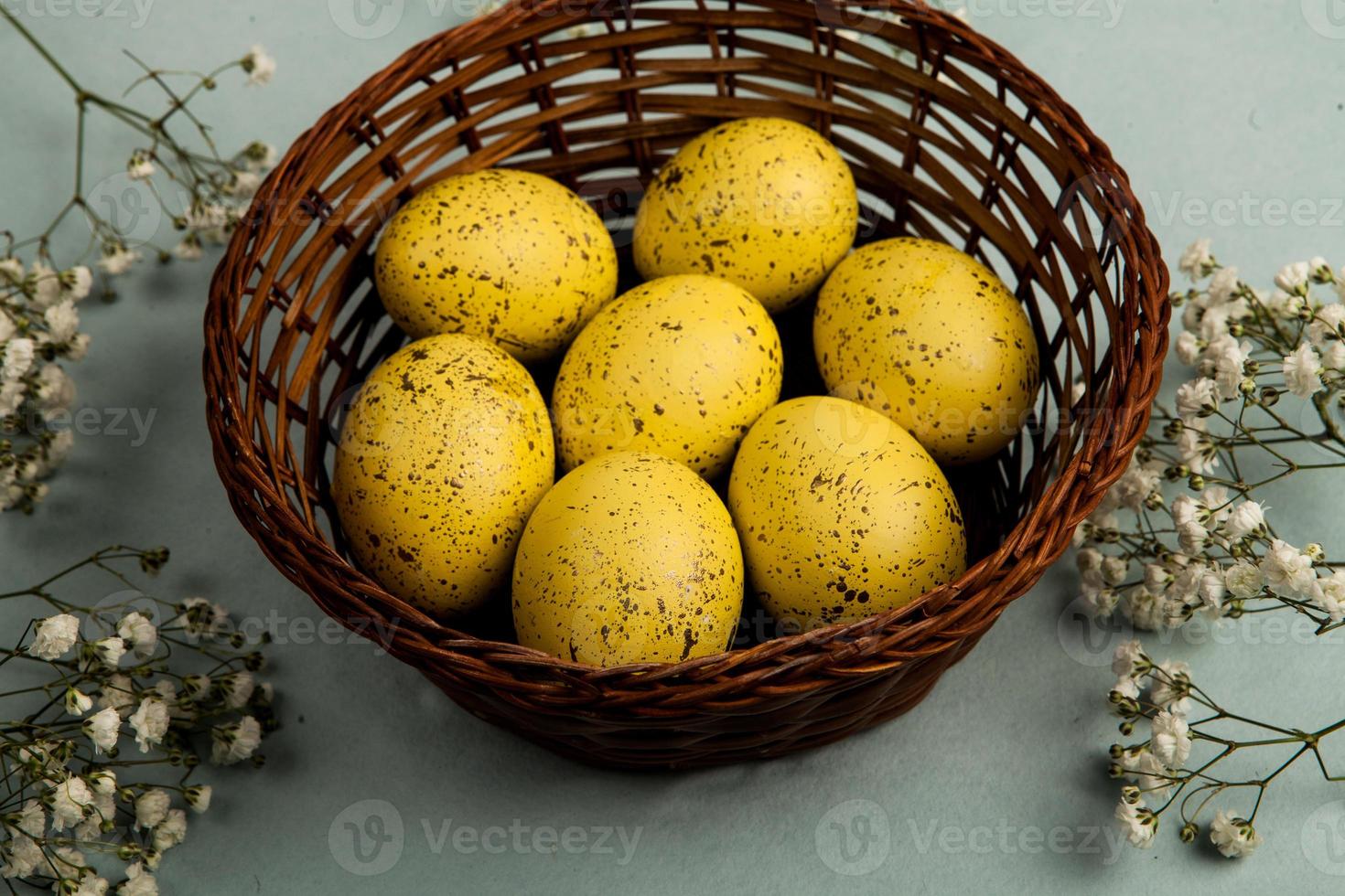 Pastel Easter eggs background. Spring greating card. Easter eggs in basket photo