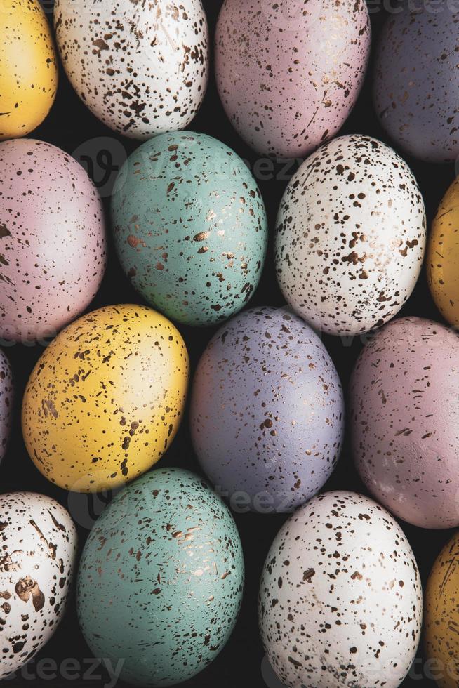 Pastel Easter eggs background. Spring greating card. Easter eggs in basket photo