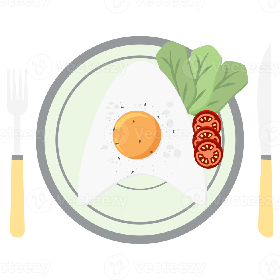 friterad ägg äggula fritera tjänande mat sallad tomat på en tallrik gaffel kniv png