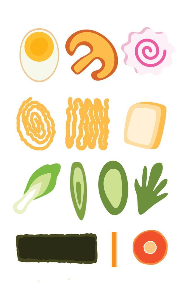 The recipe for ramen noodles, Korean food with noodles, norimaki, seaweed, chopped green onions, eggs, mushrooms. vector