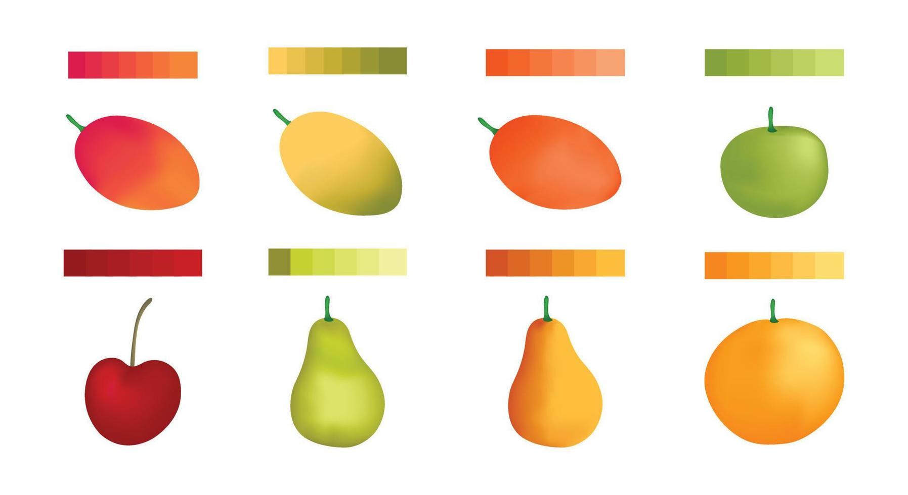 Set fruit gradient colors with mango, green apple, cherry, green pear, and orange vector