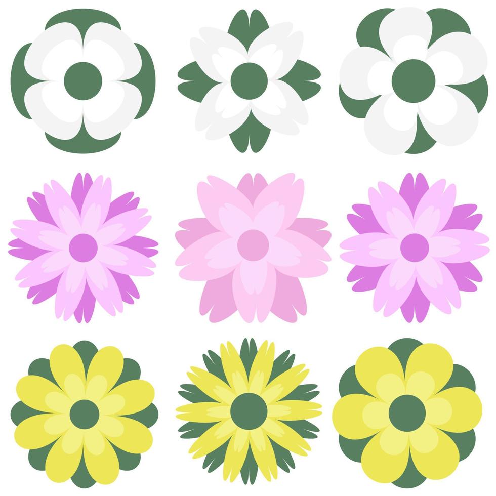 A set of flat design vector pink, yellow, and green flowers.