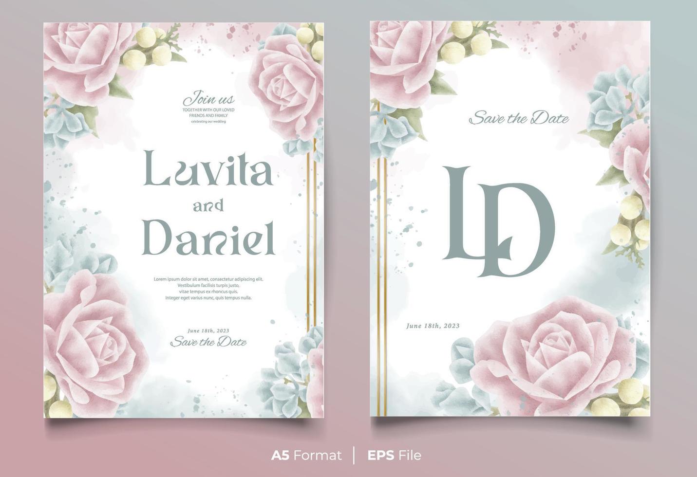 watercolor wedding invitation template with pink and blue flower ornament vector