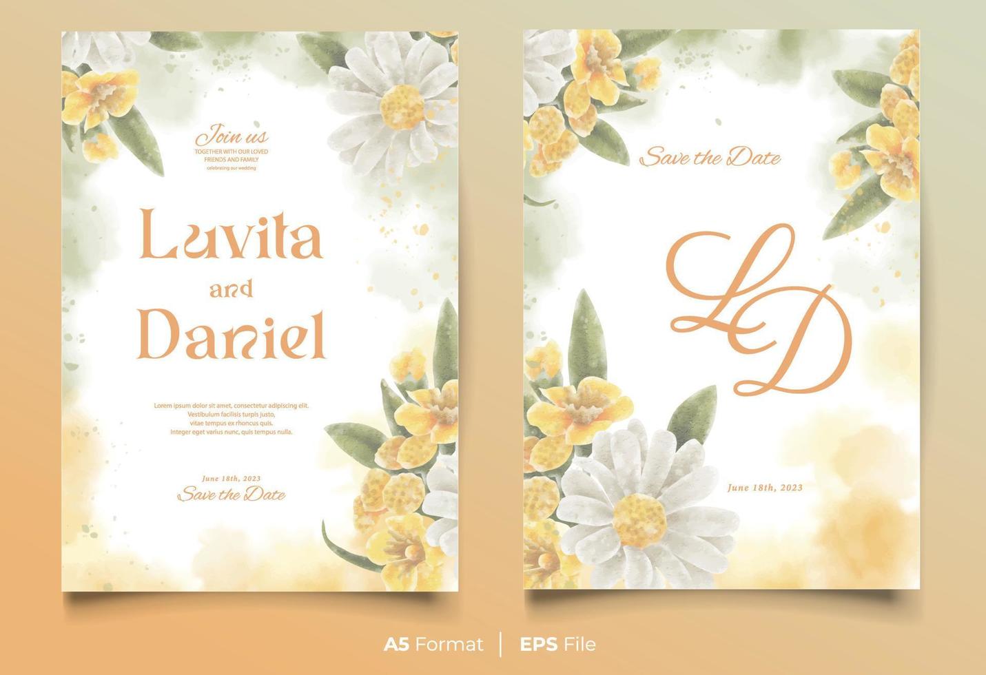 watercolor wedding invitation template with yellow and white flower ornament vector