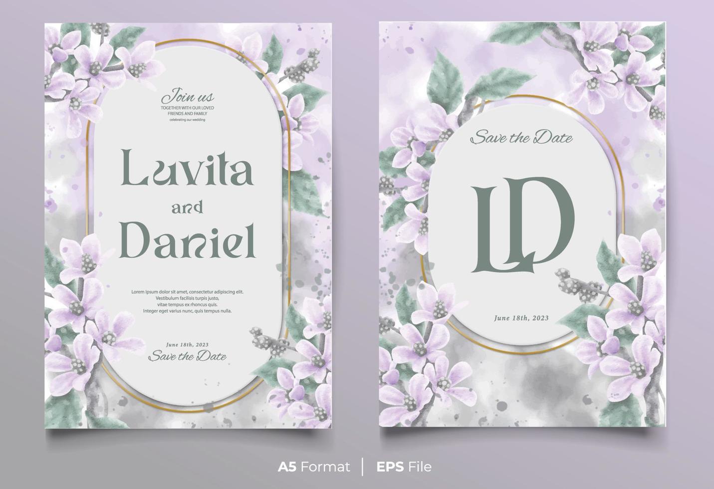 watercolor wedding invitation template with purple and green flower ornament vector