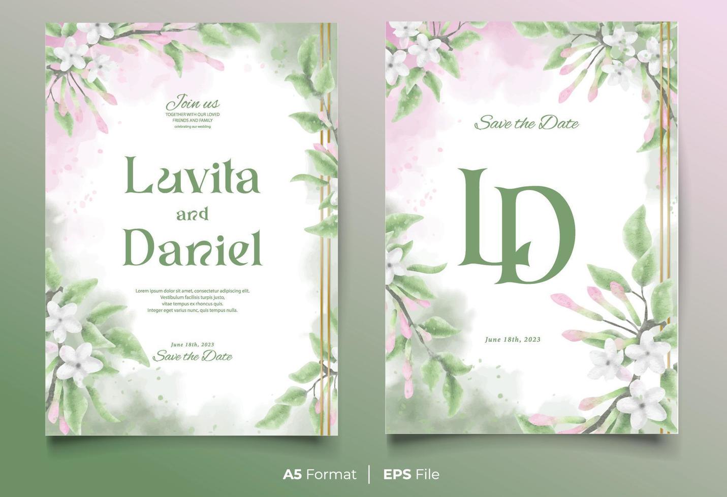 watercolor wedding invitation template with white and green flower ornament vector