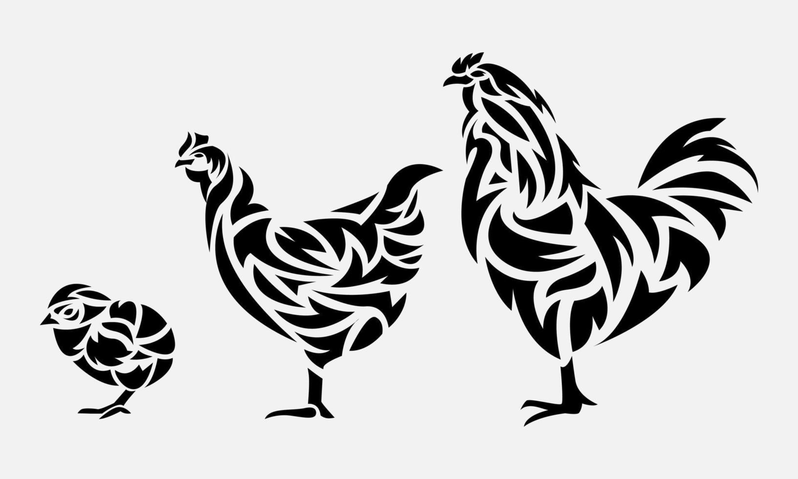 set of chickens in tribal tattoo style. chickens of different sizes, different breeds. chick, hen, rooster. side view. animal, pet, farm, ornament, decor concept. flat vector illustration.