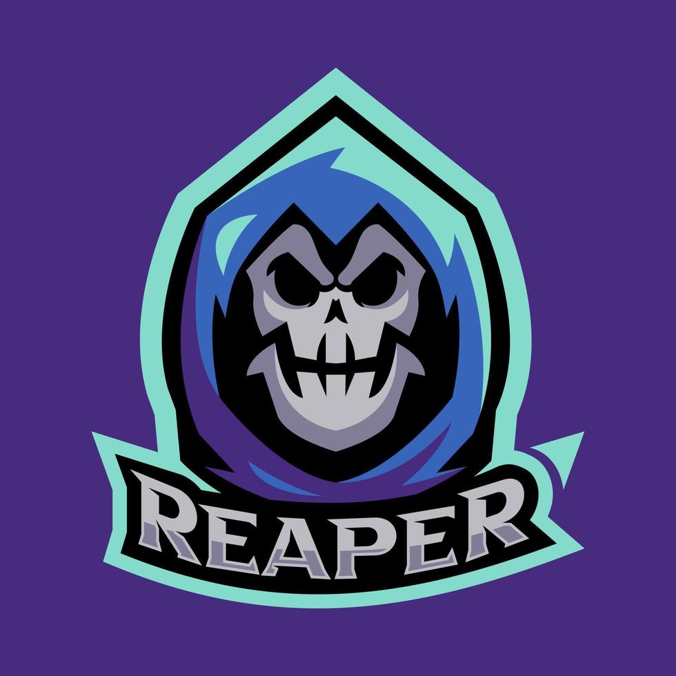 grim reaper face mascot logo. reaper text. esport, gaming, skull, spooky logo concept. suitable for print, web, profile avatar, etc. vector