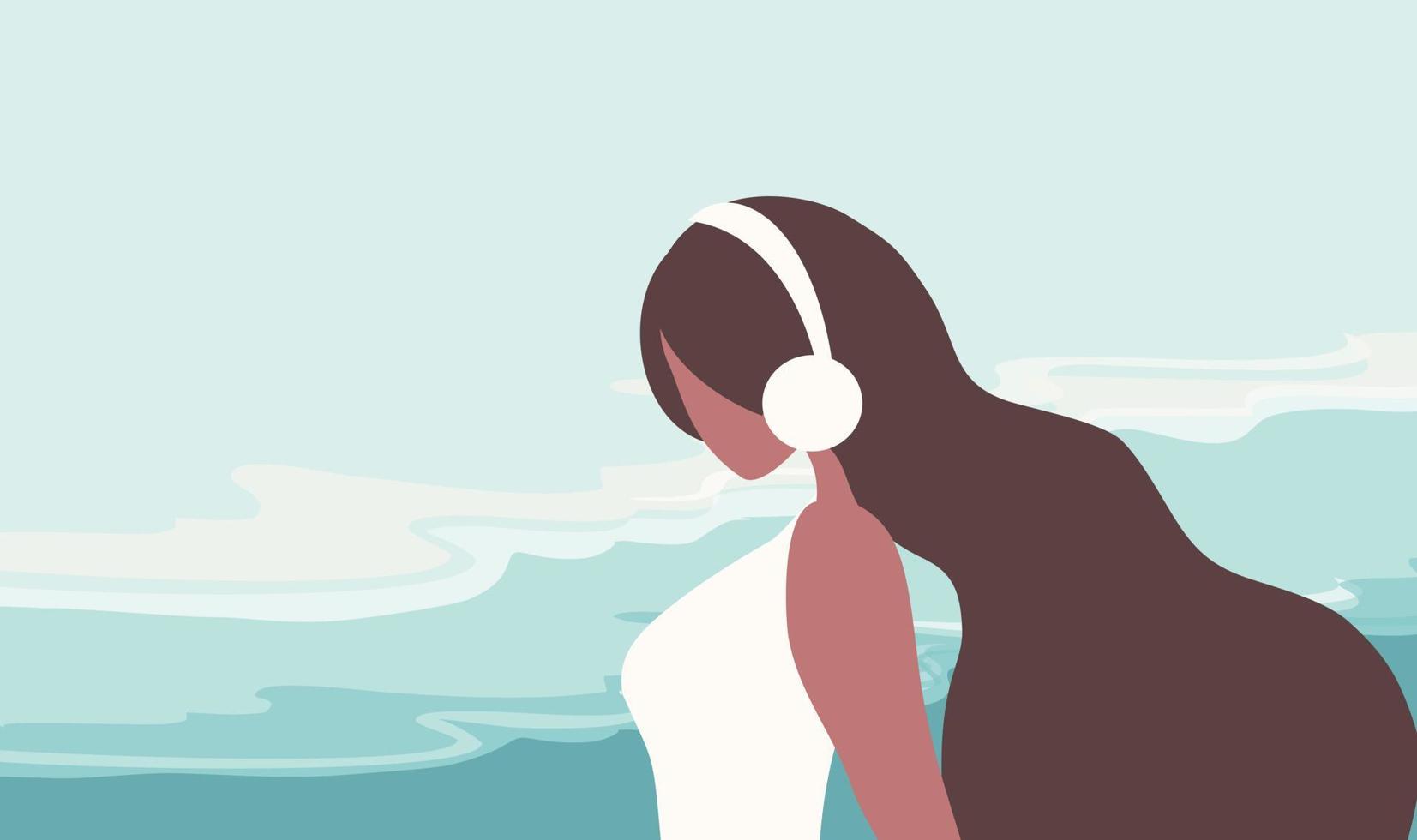 Woman with headphones listening to music. Happiness, relaxation, good mood, rest concept vector illustration