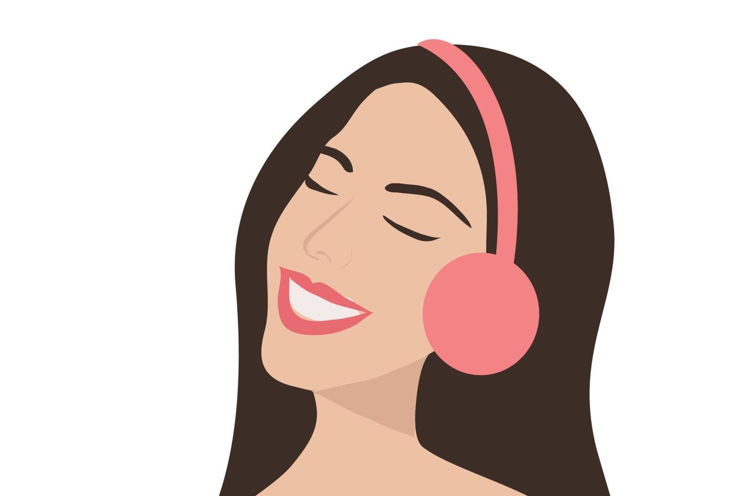 mujer con auriculares escuchando a música. felicidad, relajación, bueno ánimo, descanso concepto vector ilustración.