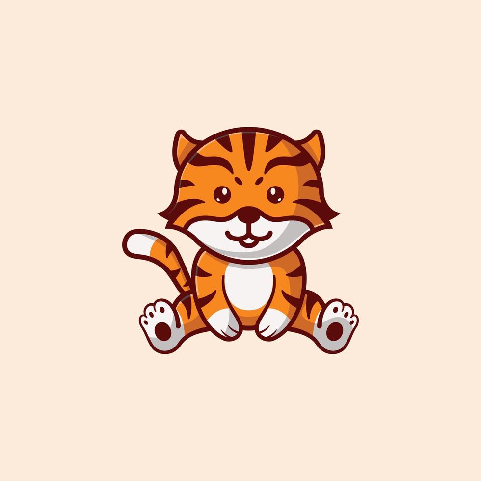Cute cartoon striped tiger. Tiger smiles. Printing for children's T-shirts, greeting cards, posters. Hand-drawn vector stock illustration isolated