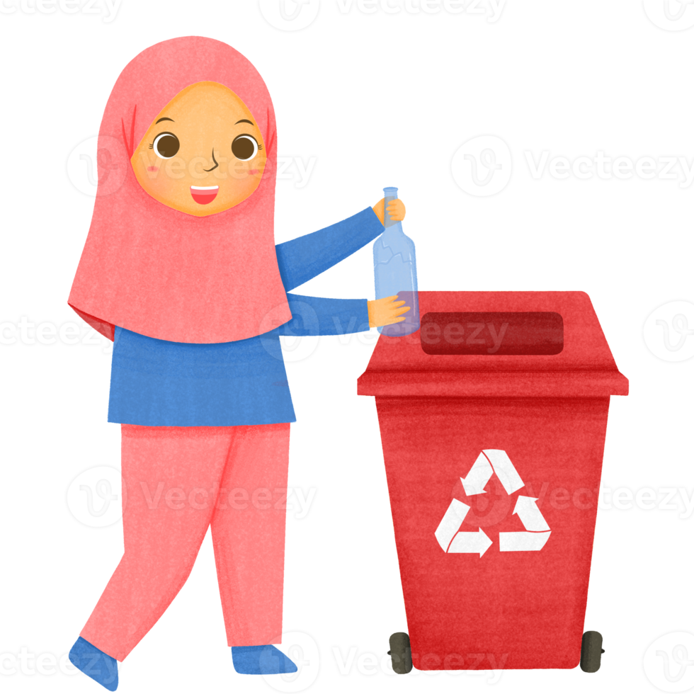 hijab menina reciclando lixo png