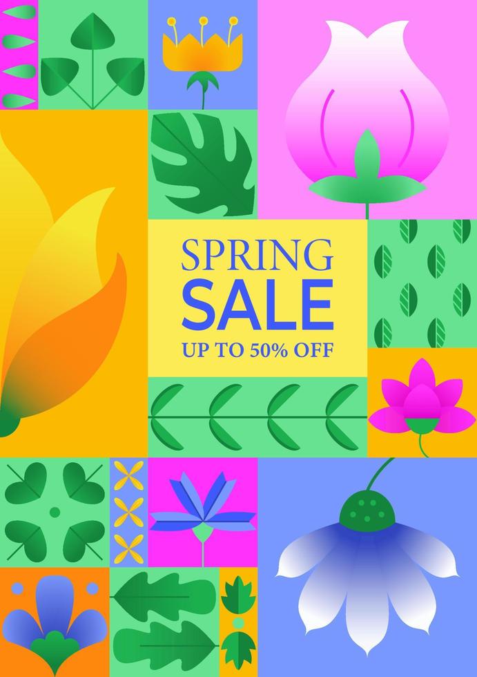 Spring sale poster simple geometric abstract design. Composition with colorful flower elements and leaves for spring season. Template for website, banner, invitation, flyer, presentation. Vector