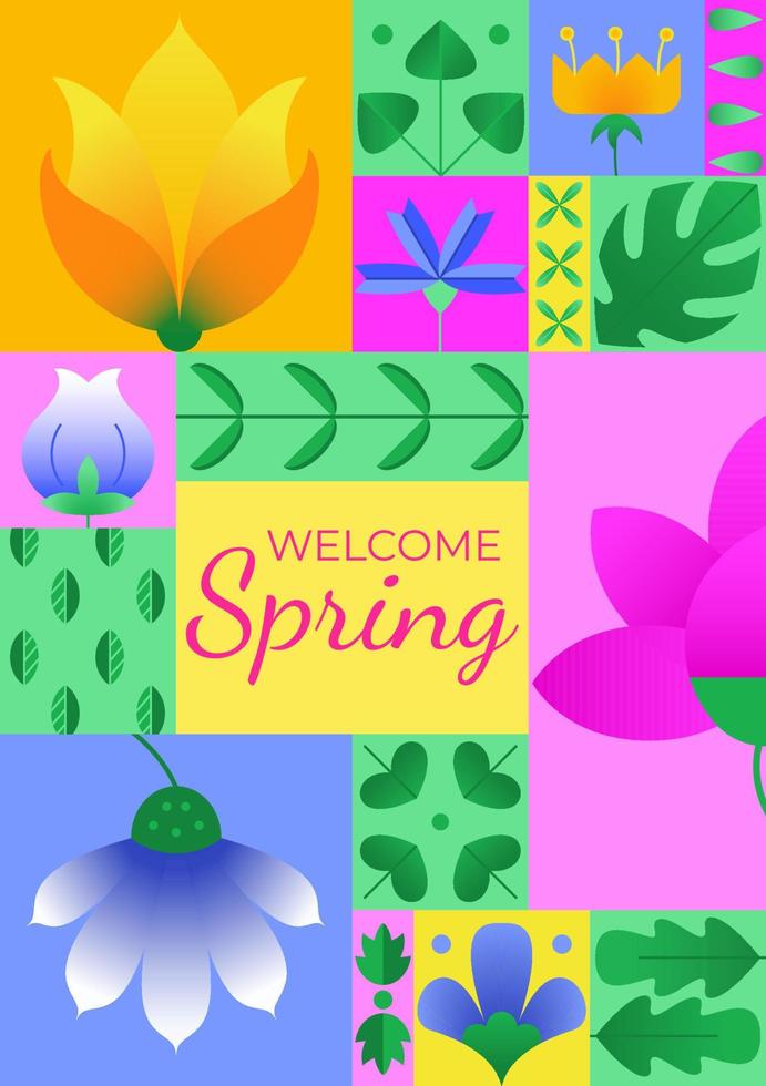 Bienvenido primavera póster sencillo geométrico resumen diseño. composición con vistoso degradado flor elementos y hojas para primavera estación. diseño para web, bandera, invitación, volantes, presentación. vector