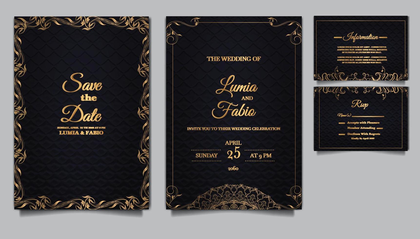 luxury wedding invitation card embossed template design set vector