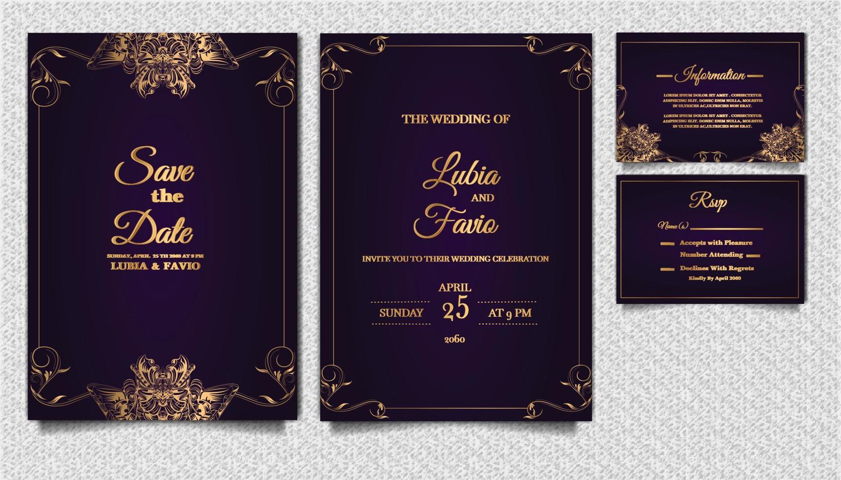 conjunto de diseño de tarjeta de invitación de boda de lujo vector