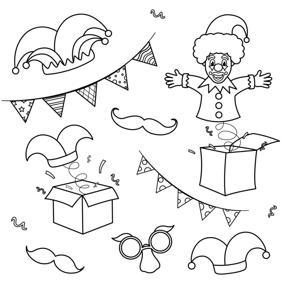 bright vector illustration set of april fools day, a surprise box, clown, party decorations, doodle and sketch