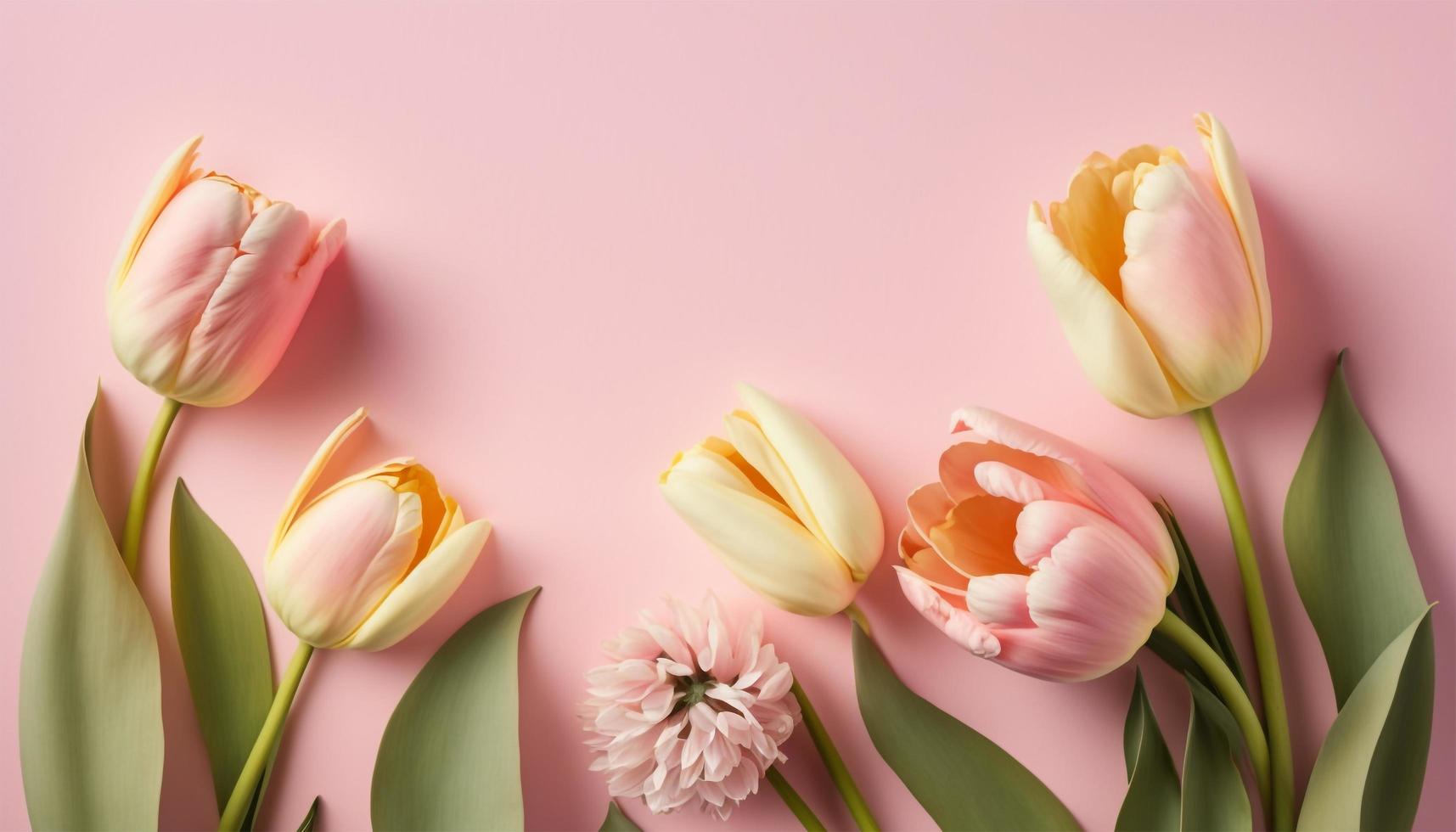 Spring tulip flowers on pink background top view in flat lay style. photo