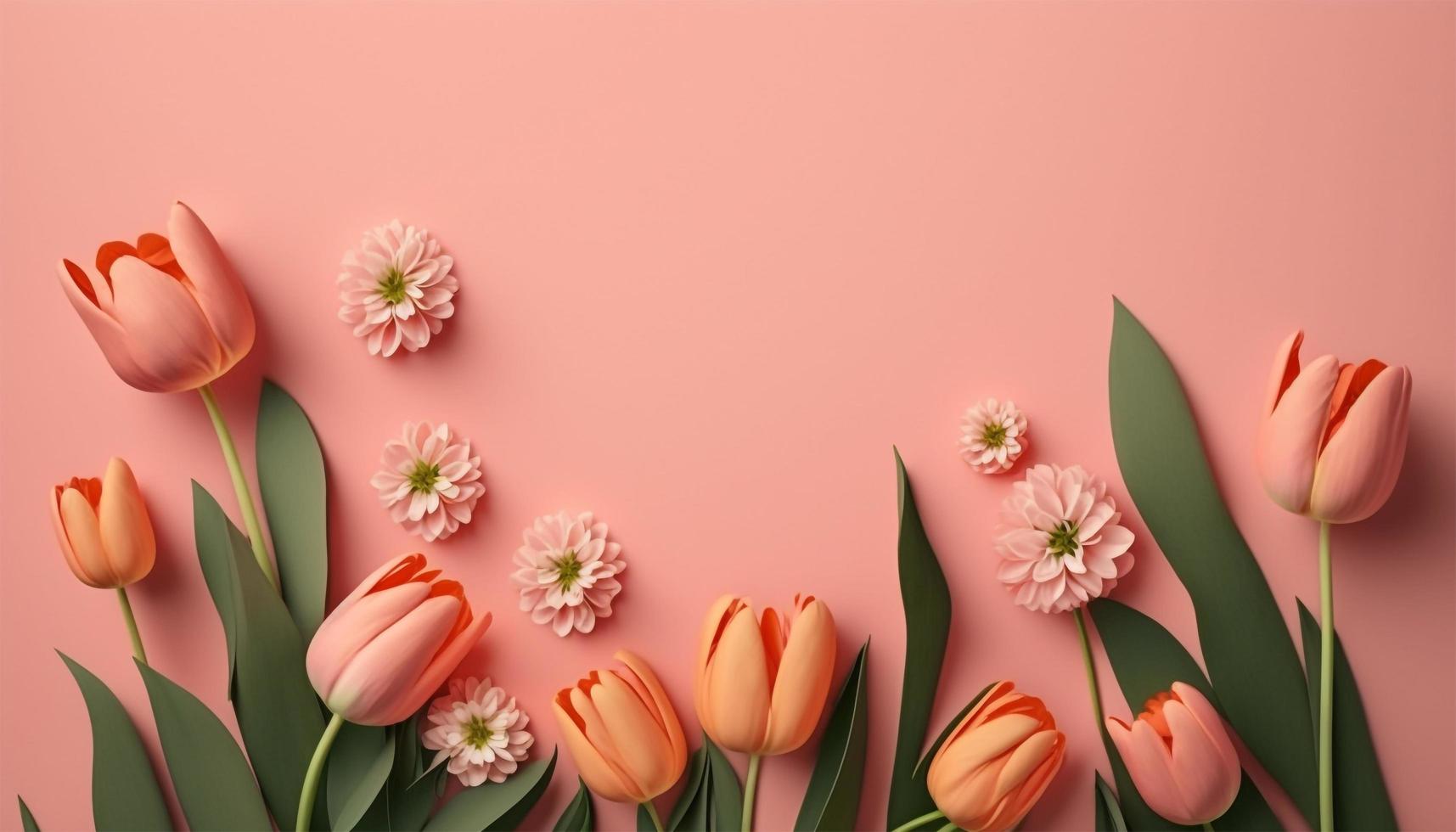 Spring tulip flowers on pink background top view in flat lay style. photo