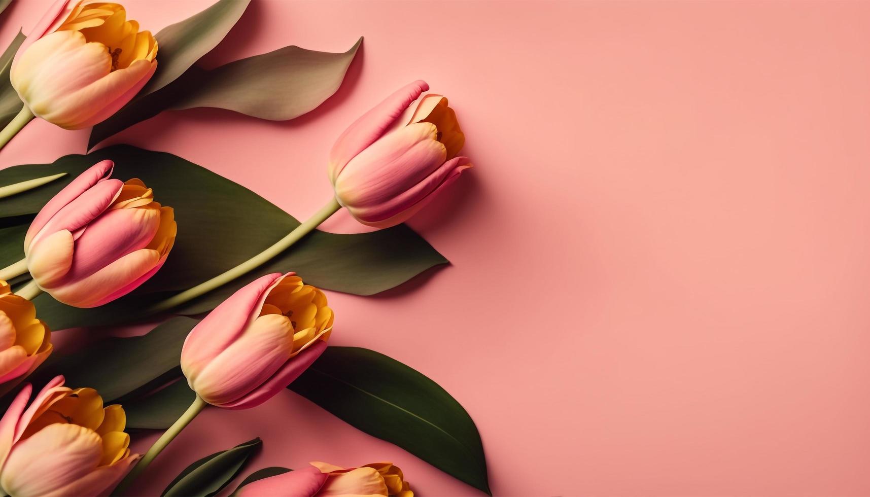 Spring tulip flowers on pink background top view in flat lay style. photo