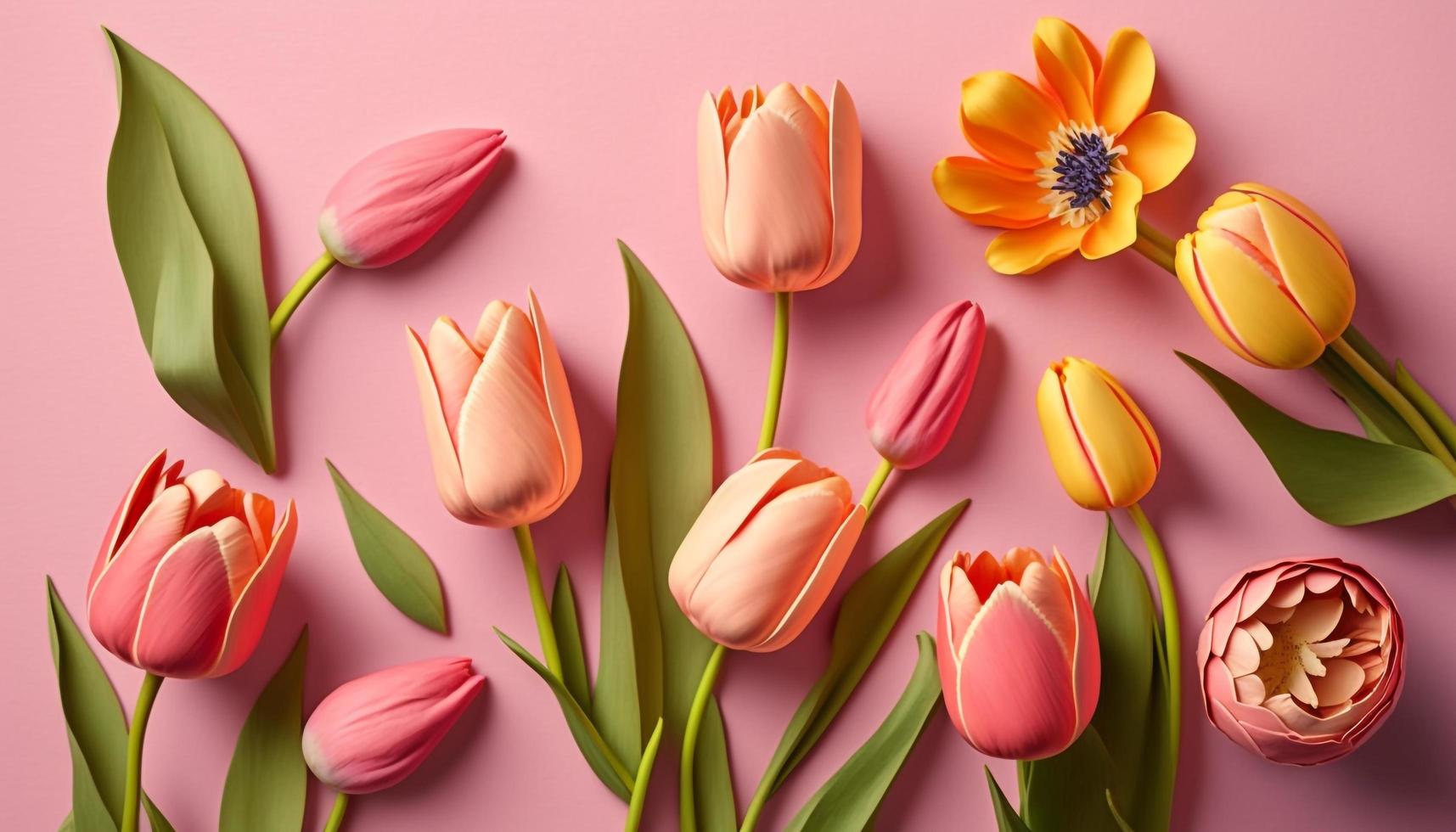 Spring tulip flowers on pink background top view in flat lay style. photo
