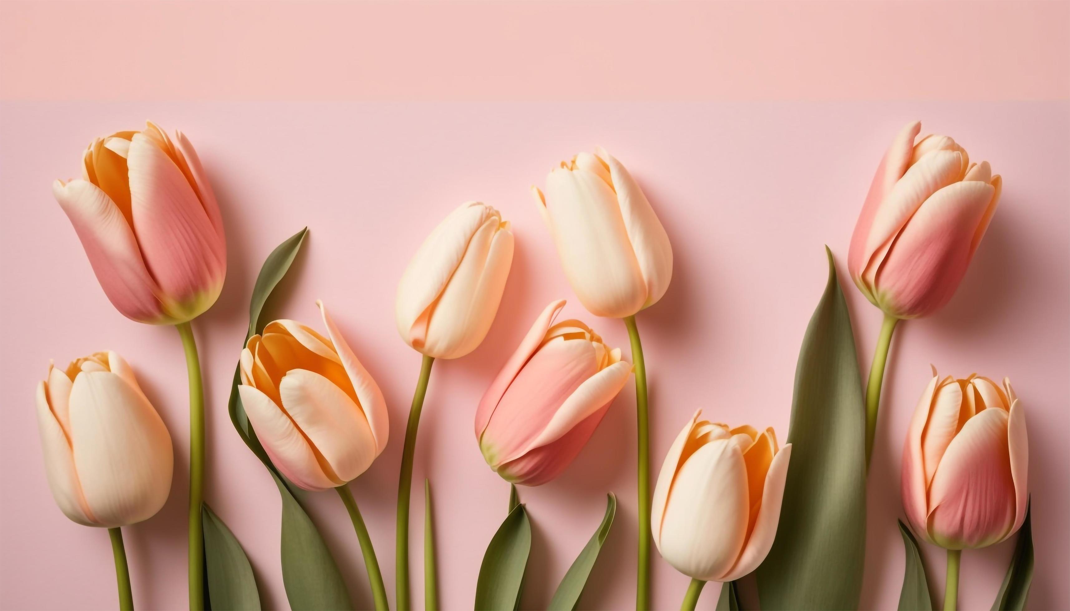 Spring tulip flowers on pink background top view in flat lay style