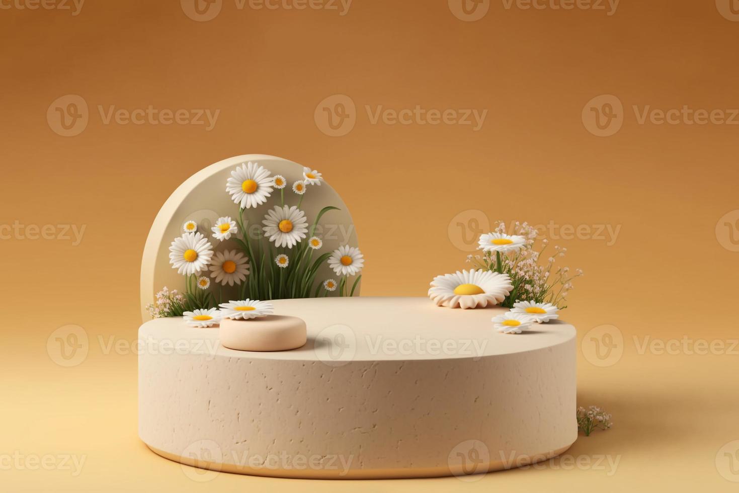 3d Stone podium for product display stand with daisy blossoms. photo